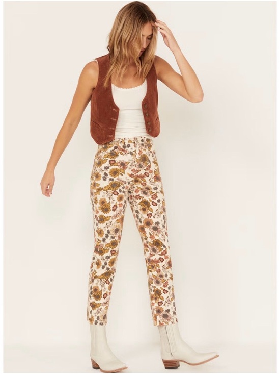 Cleo+ Wolf Denim - Cleo + Wolf Country Garden Yellow Floral Print High Rise Boot Cut Jeans